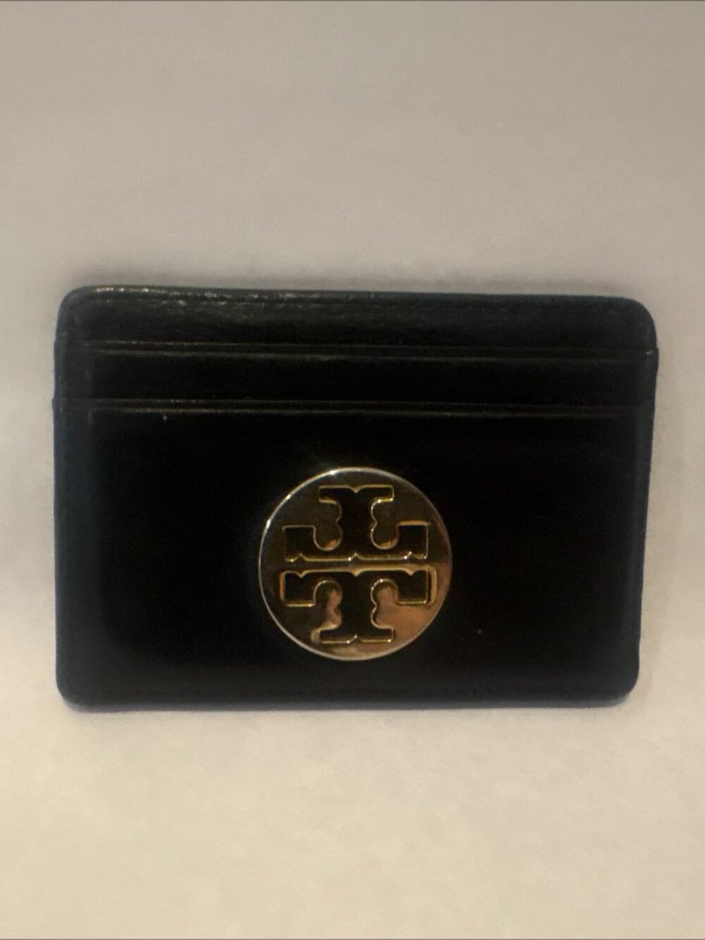 Authentic Tory Burch Chelsea Black Leather Gold Logo Slim Card Wallet